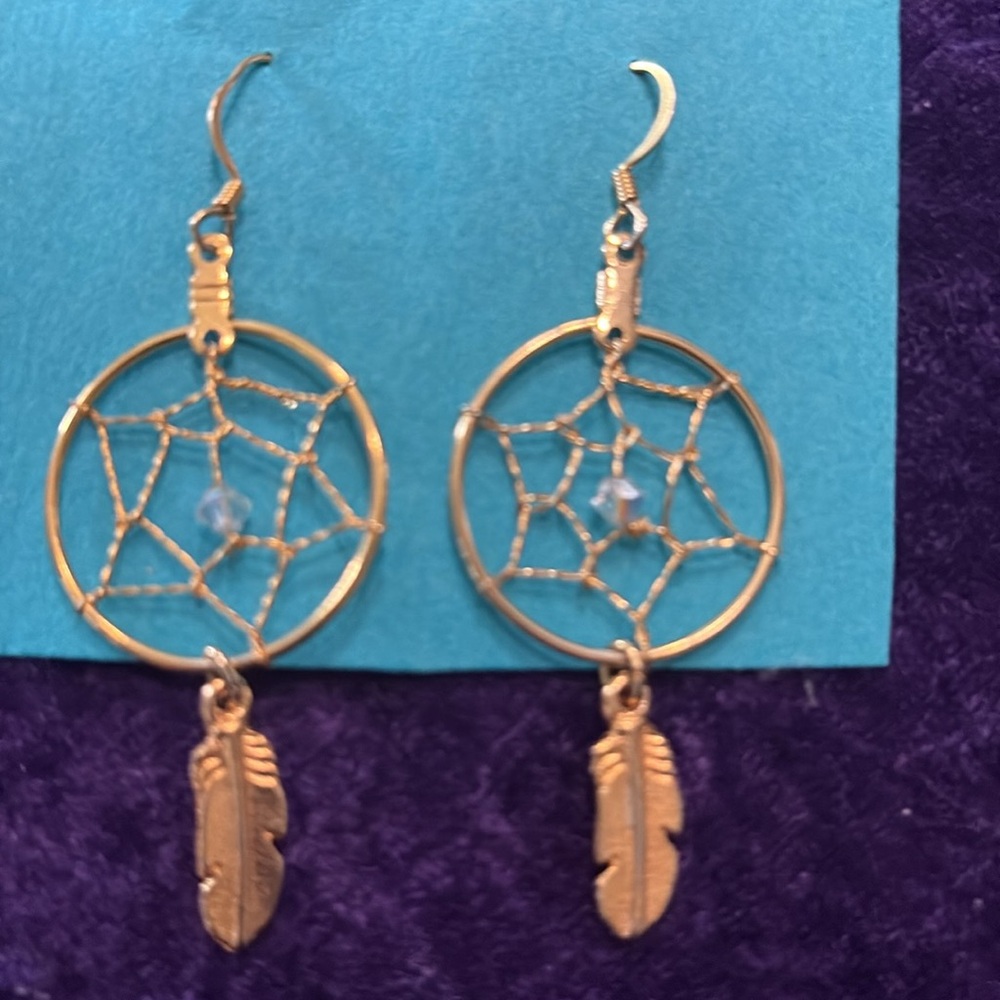 Mystical Earrings  Gold Dreamcatcher Feather Drop Earrings - Women Jewelry